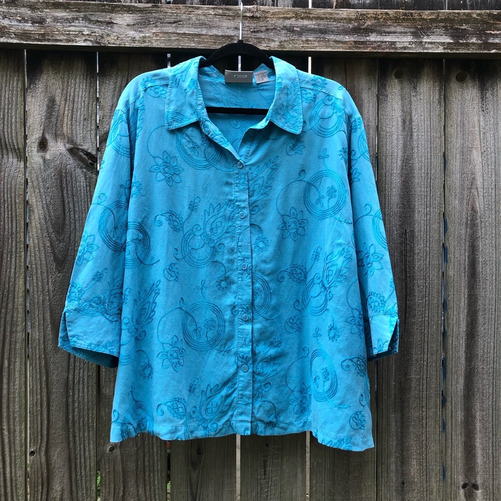 Maggie Barnes Vintage Linen Tencel Embroidered Button Down Top Size 26W Blue